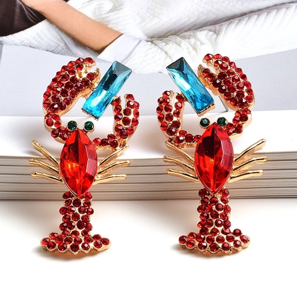 Trendy Red Crystal Metal Lobster Earrings